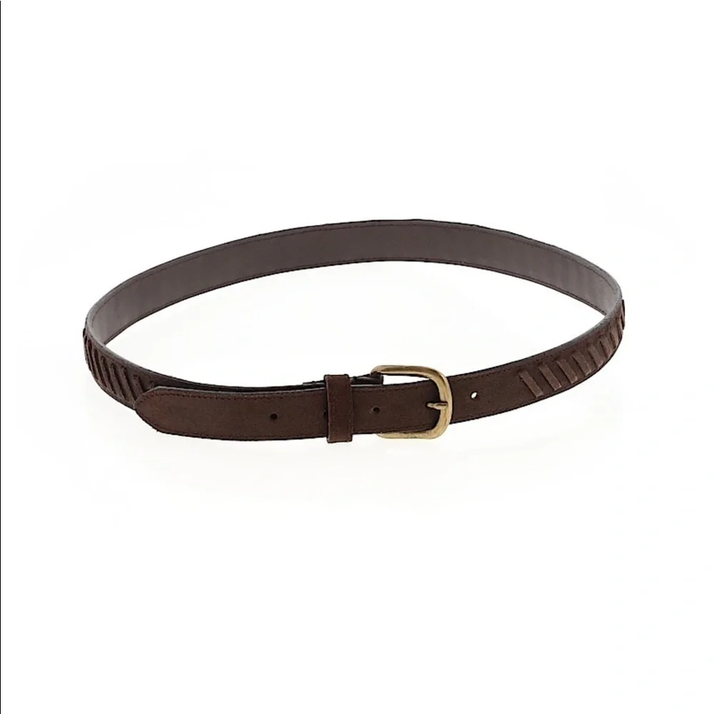 Chocolate brown suede whipstitch belt XL brass bkl